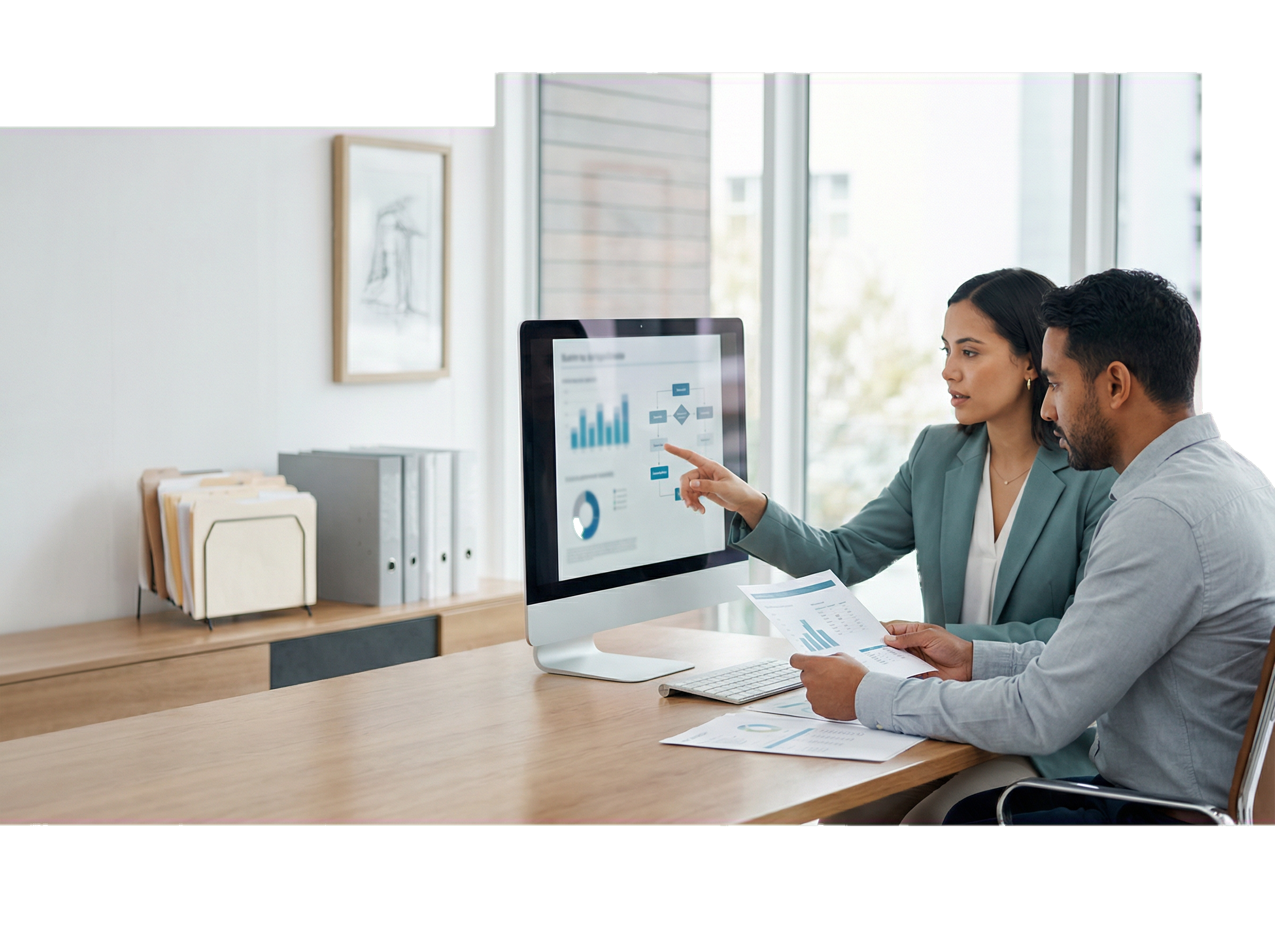 Designed business assessment scene representing diagnosis, visibility, and decision support