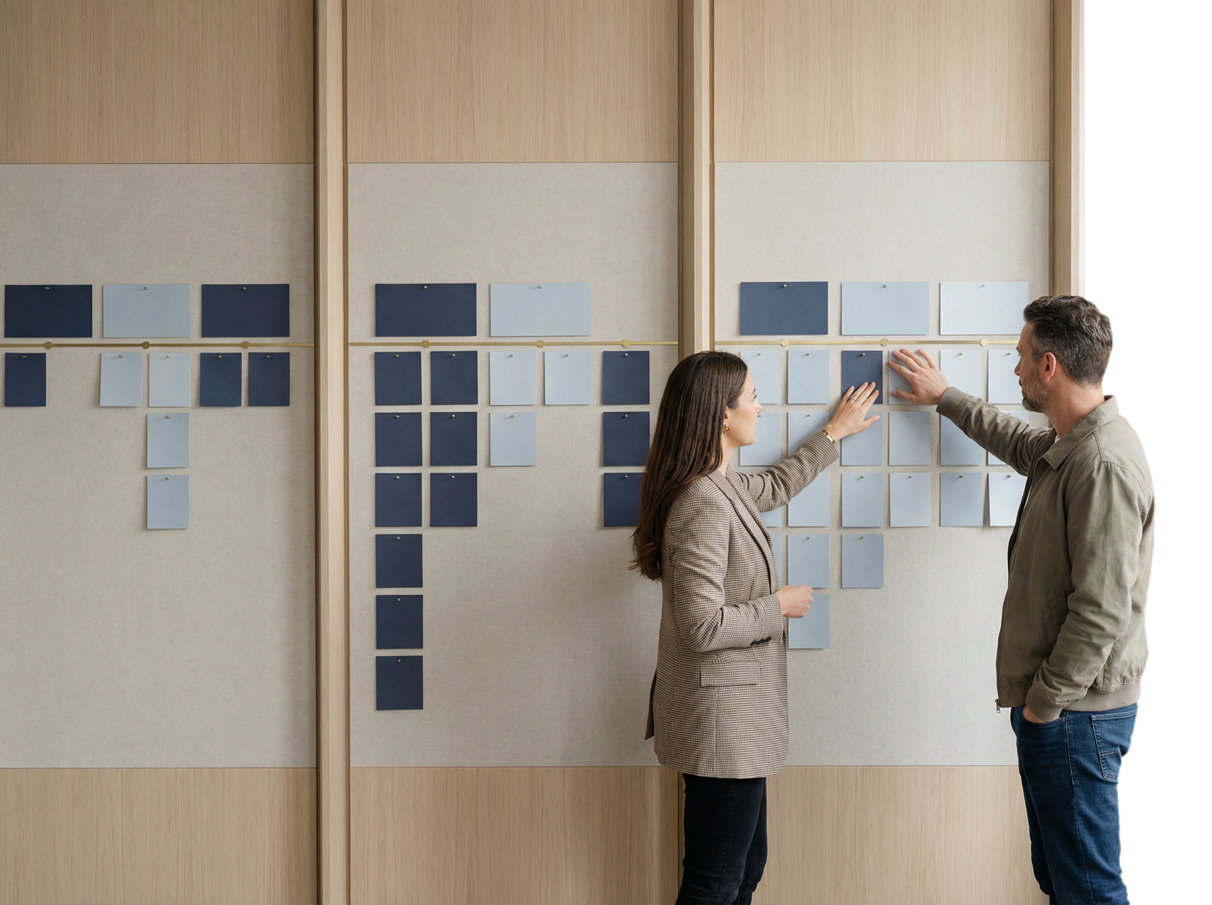 Designed strategy workshop scene representing prioritization, sequencing, and operating-rhythm planning